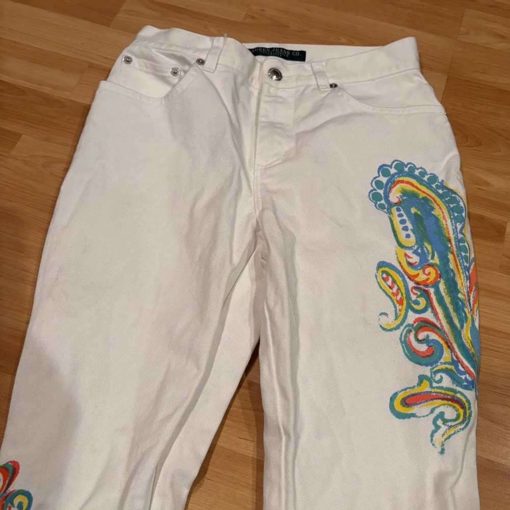 VTG‎ Ralph Lauren White Flare Pants with Colorful Paisley Embroidery - Picture 2 of 9